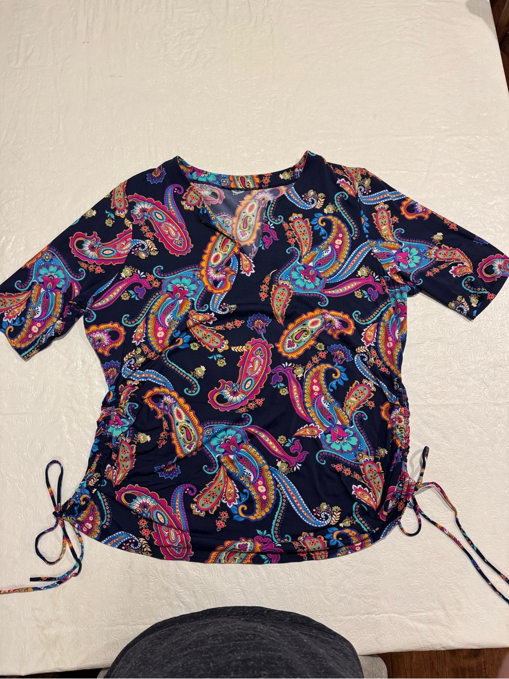 Lands' End Navy Paisley stretch Short-Sleeve Drawstring Top